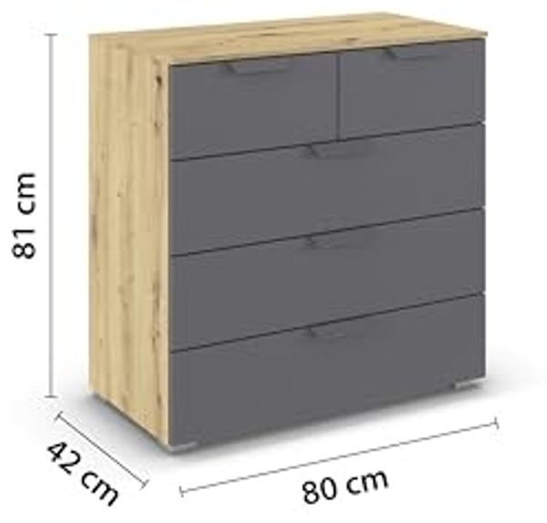 rauch Aditio Box, Kommode, 5 Schubladen, mit Softclose-Funktion, Farbe Grau metallic/Eiche Artisan, BxHxT 80x81x42cm Bild 3