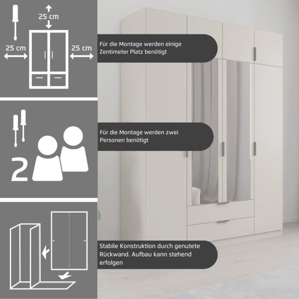 Rauch Möbel Lagoa, Kleiderschrank, Garderobe für Schlafzimmer, Kinderzimmer, Jugendzimmer 4-türig, mit Spiegel, 2 Schubladen, Farbe Beige, Breite 91 cm Bild 5