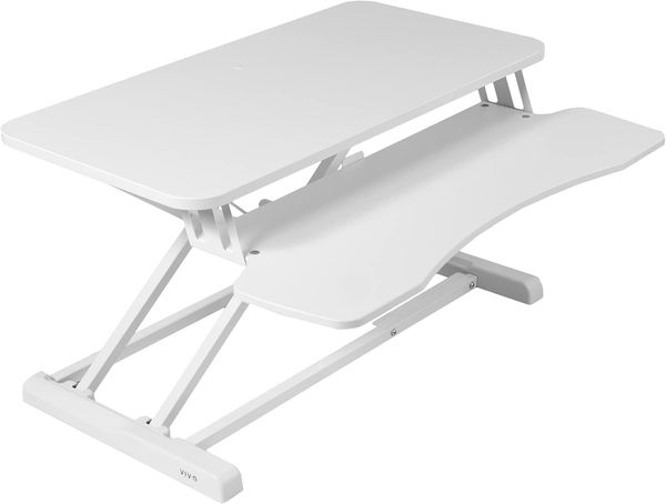 VIVO 32 Zoll Stehpult-Konverter, höhenverstellbarer Aufsatz, Sitz-Steh-Arbeitsplatz für Zwei Monitore und Laptop mit breiter Tastaturablage, Weiß, DESK-V000KW