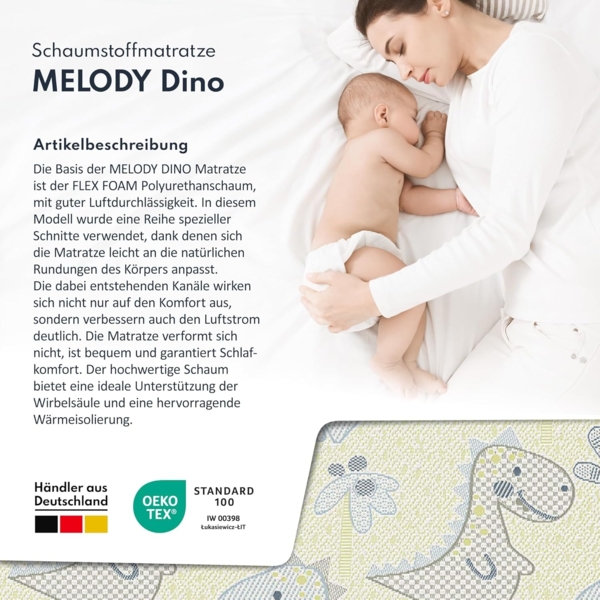 FDM Melody Kindermatratze 80x200 cm Kaltschaummatratze Höhe 10 cm Härtegrad H3 Öko-Tex Allergikergeeignet Bezug Waschbar Matratzenbezug Dino Bild 5