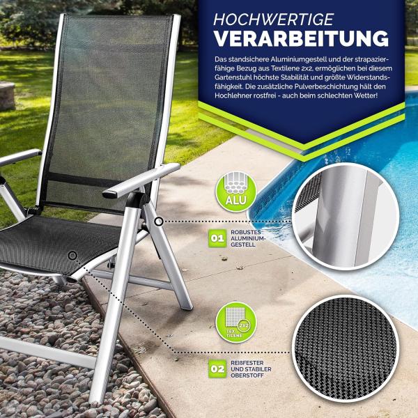 tillvex Gartenstuhl Premium klappbar aus Aluminium | Alu Hochlehner mit Armlehnen | Klappstuhl Lehne 8-Fach verstellbar & wetterfest | Klappsessel Balkon Garten Terrasse (Silber) Bild 3