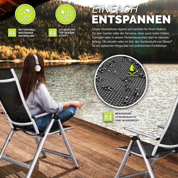 tillvex Gartenstuhl Premium klappbar aus Aluminium | Alu Hochlehner mit Armlehnen | Klappstuhl Lehne 8-Fach verstellbar & wetterfest | Klappsessel Balkon Garten Terrasse (Silber) Bild 6