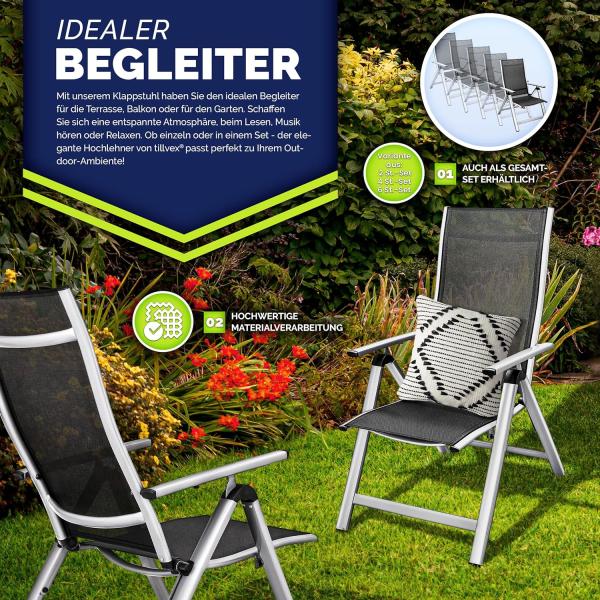 tillvex Gartenstuhl Premium klappbar aus Aluminium | Alu Hochlehner mit Armlehnen | Klappstuhl Lehne 8-Fach verstellbar & wetterfest | Klappsessel Balkon Garten Terrasse (Silber) Bild 7