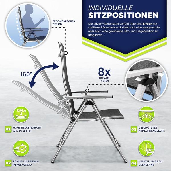 tillvex Gartenstuhl Premium klappbar aus Aluminium | Alu Hochlehner mit Armlehnen | Klappstuhl Lehne 8-Fach verstellbar & wetterfest | Klappsessel Balkon Garten Terrasse (Silber) Bild 4