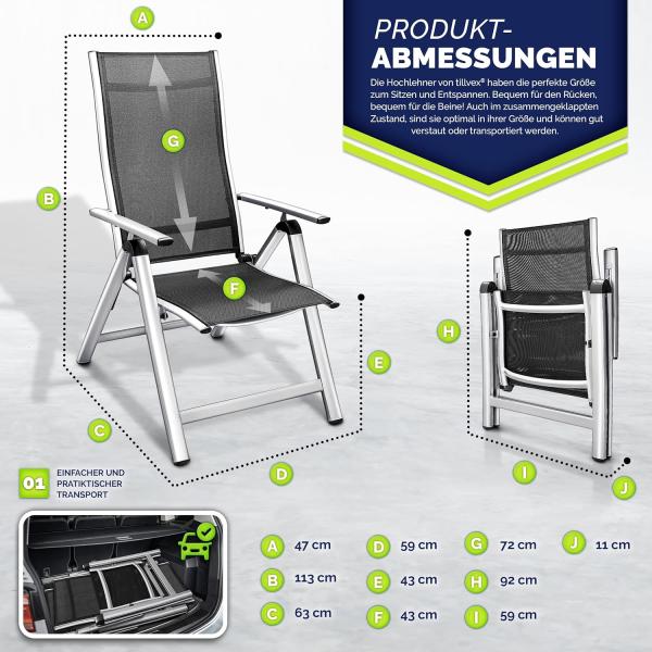tillvex Gartenstuhl Premium klappbar aus Aluminium | Alu Hochlehner mit Armlehnen | Klappstuhl Lehne 8-Fach verstellbar & wetterfest | Klappsessel Balkon Garten Terrasse (Silber) Bild 2