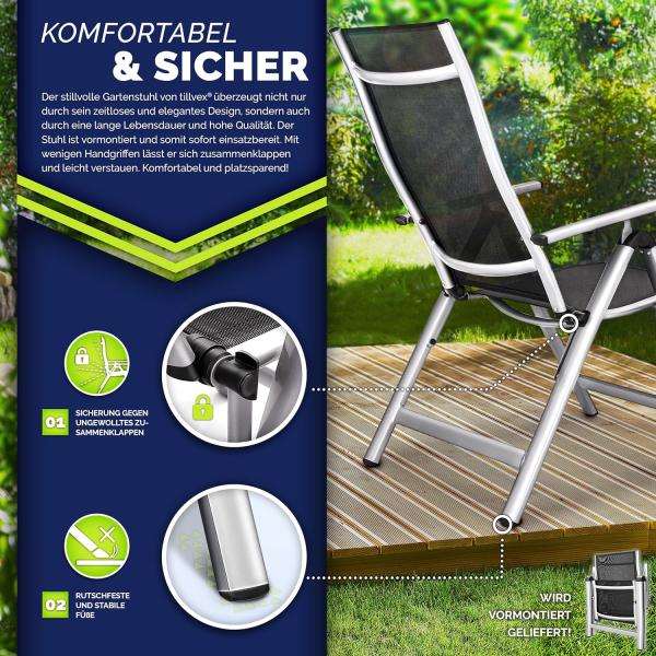 tillvex Gartenstuhl Premium klappbar aus Aluminium | Alu Hochlehner mit Armlehnen | Klappstuhl Lehne 8-Fach verstellbar & wetterfest | Klappsessel Balkon Garten Terrasse (Silber) Bild 5