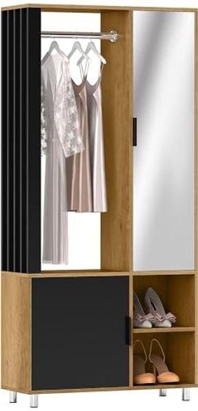 HOMCOM Kleiderschrank Garderobe Set mit Spiegel, Kleiderstange, Schuhschrank und Fächer (Flurgarderobe Set, 1-St, Garderobe Set) 80 x 30 x 175 cm, Naturholz