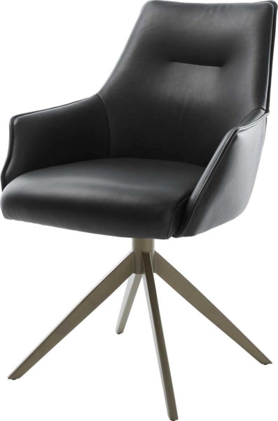 Drehstuhl Alja-Flex mit Armlehnen Echt-Leder Schwarz Kreuzgestell breit Effektfinish Titan 360° drehbar Wippfunktion Taschenfederkern
