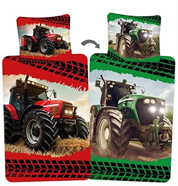 Jerry Fabrics Kinderbettwäsche Roter Traktor - Bettwäsche-Set mit Wendemotiv, 135x200 & 80x80, Baumwolle, 100% Baumwolle
