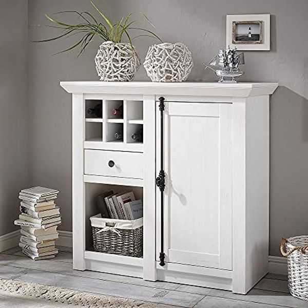 Kommode, Sideboard WINGST-61 im Landhaus Stil Dekor Pinie weiß Nb. mit Flaschenregal B/H/T ca. 105 x 100 x 45 cm