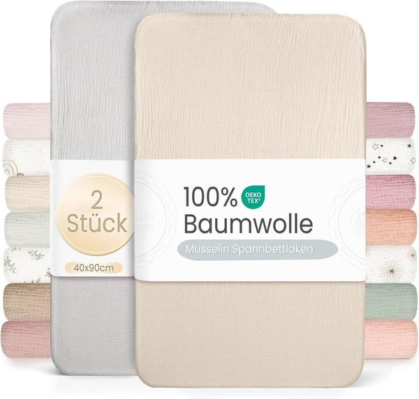 lulumoon 2er Set Musselin-Baumwolle Spannbettlaken: Kinderwagen Bettlaken Stubenwagen Matratzenbezug für Babybett und Beistellbett 90x40 cm (Grau Creme)