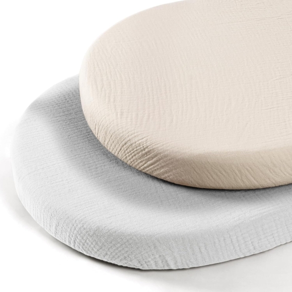 lulumoon 2er Set Musselin-Baumwolle Spannbettlaken: Kinderwagen Bettlaken Stubenwagen Matratzenbezug für Babybett und Beistellbett 90x40 cm (Grau Creme)