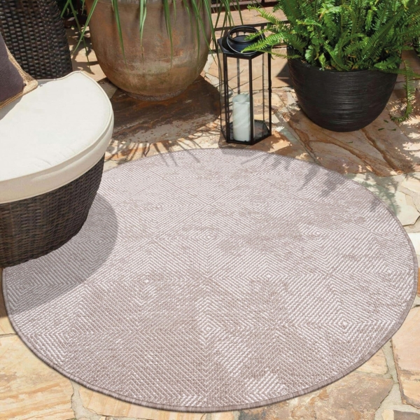 carpet city In- & Outdoor-Teppich Beige - Wendeteppich - 160 cm Rund - Rauten-Muster - Wetterbeständig für Balkon, Terrasse - Teppiche Modern Indoor Wohnzimmer, Küche