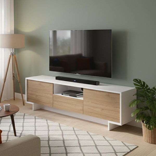 Dmora - TV-Ständer Andromeda, TV-Ständer für das Wohnzimmer, niedriges Wohnzimmer-Sideboard mit 2 Türen und 1 Schublade, 100% Made in Italy, 170 x 42 x 48 cm, Weiß und Eiche
