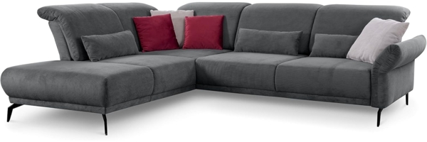 CAVADORE Ecksofa Cooper / Luftige Eckcouch mit Ottomane links, Armteilverstellung, Kopfteilverstellung und Sitztiefenverstellung / 294 x 88 x 242 / Cord, Dunkelgrau