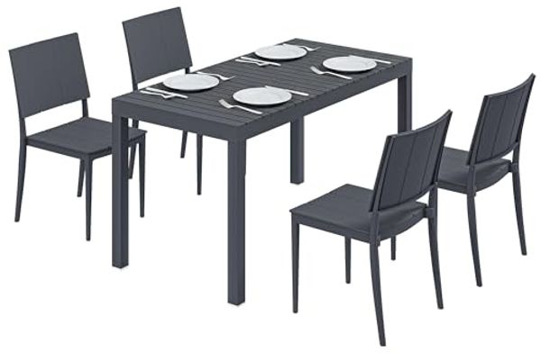 Outsunny Garten-Essgruppe mit 4 Stapelstühlen, Lamelldesign, (Gartengarnitur, 5-tlg, Gartenmöbel Set), für Garten Balkon Terrasse Dunkelgrau