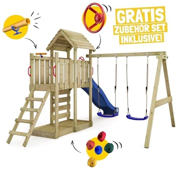 WICKEY Spielturm Klettergerüst MultiFlyer Holzdach mit Schaukel & grüner Rutsche, Kletterturm mit Holzdach, Sandkasten, Leiter & Spiel-Zubehör Bild 2
