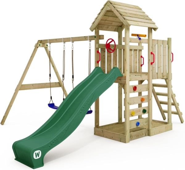 WICKEY Spielturm Klettergerüst MultiFlyer Holzdach mit Schaukel & grüner Rutsche, Kletterturm mit Holzdach, Sandkasten, Leiter & Spiel-Zubehör