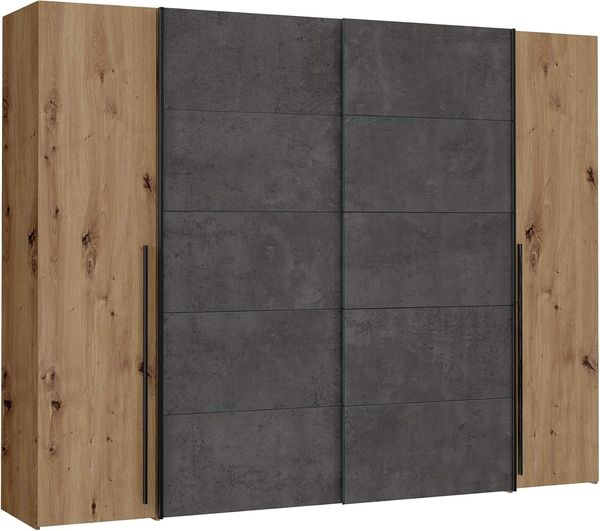 Möbel-Eins NEILA Drehtürenschrank / Schiebetürenschrank, Material Dekorspanplatte eichefarbig/betonfarbig