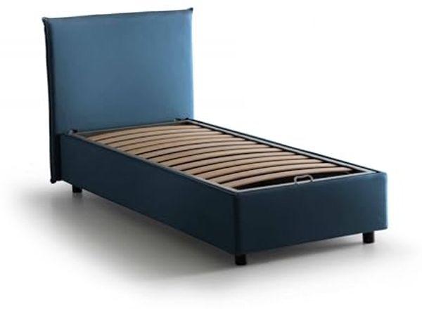 Talamo Italia - Cassiopea-Einzelbett, Bettkasten mit Stoffbezug, 100 % Made in Italy, Öffnung vorne, geeignet für Matratzen 80x200 cm, Blau Bild 3