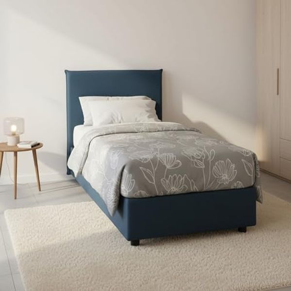 Talamo Italia - Cassiopea-Einzelbett, Bettkasten mit Stoffbezug, 100 % Made in Italy, Öffnung vorne, geeignet für Matratzen 80x200 cm, Blau