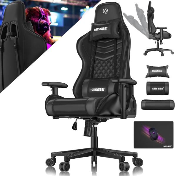 KESSER® Gamingstuhl mit Kopfstütze & Lendenkissen | Ergonomischer Gaming Sessel 150kg belastbar | Gamer Stuhl 360° Armlehne | Drehbarer Schreibtischstuhl Gaming Chair mit Mauspad + Gummi-Rollen Schwarz / Schwarz