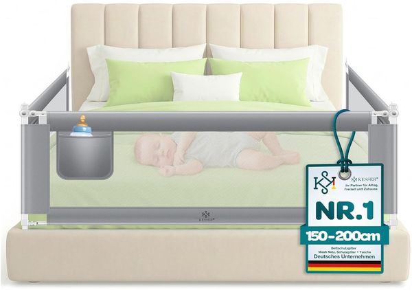 KESSER® Bettgitter 180cm Bettschutzgitter Kinderbettgitter für Kinder Babybettgitter Klappbar, Kinderbett Kinderbettschutzgitter Rausfallschutz, Bett & Elternbett hoch: 72 bis 96cm Grau