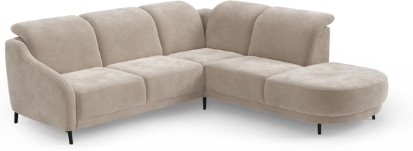 CAVADORE Ecksofa Blue/Eckcouch im modernen Design, inklusiv Kopfteilverstellung, Vorziehsitz motorisch, Klapptisch, USB-Anschluss und mattschwarzen Metallfüßen / 258 x 93 x 249 / Flachgewebe, Beige