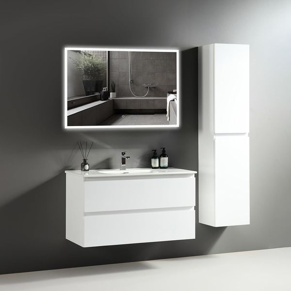 Alpenberger Badmöbel-Set Badezimmermöbel Badezimmer Schrank - Waschtisch mit Led Spiegel Bad, (Waschplatz mit Hochschrank, Waschbecken mit Unterschrank 100 cm Breit - Weiß), Badezimmerspiegel mit Beleuchtung