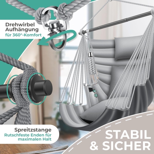 KESSER® 'Haiti' Hängesessel, 360° drehbar, UV-beständig & wasserfest, inkl. 2 Kissen, Tragetasche, Flaschenhalter & Montage-Set, grau/anthrazit, bis 150 kg belastbar Bild 3