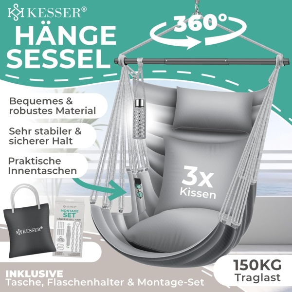 KESSER® 'Haiti' Hängesessel, 360° drehbar, UV-beständig & wasserfest, inkl. 2 Kissen, Tragetasche, Flaschenhalter & Montage-Set, grau/anthrazit, bis 150 kg belastbar Bild 2
