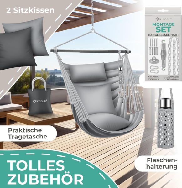 KESSER® 'Haiti' Hängesessel, 360° drehbar, UV-beständig & wasserfest, inkl. 2 Kissen, Tragetasche, Flaschenhalter & Montage-Set, grau/anthrazit, bis 150 kg belastbar Bild 6