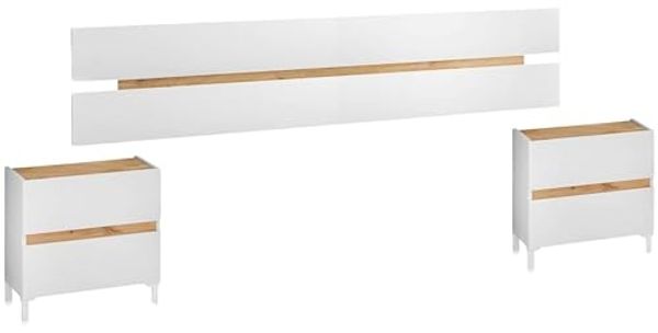 Habitdesign, modernes Kopfteil mit 2 Nachttischen und 4 Schubladen – Schlafzimmer-Set in Arktisweiß & Eiche Nodi, viel Stauraum, Maße: 255 x 100 x 34 cm (B x H x T), Modell Tempus