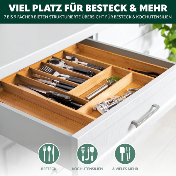 Besteckkasten ausziehbar / Bambus / ca. 33,7 - 50 x 44,7 cm Schubladeneinsatz Besteckeinsatz Bild 3