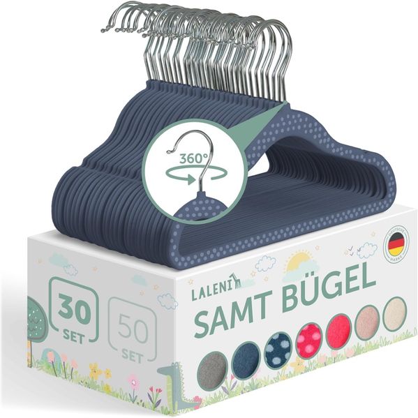Laleni Kinderkleiderbügel 30 Stück mit Samtbezug - platzsparende Kleiderbügel Kinder - 360° drehbare Kinder Kleiderbügel - rutschfeste Kleiderbügel Kinder samt - Babykleiderbügel Dunkelblau gepunktet