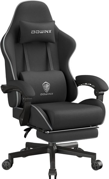 Dowinx Gaming Stuhl Tasche Frühling Kissen, Atmungsaktiver Bürostuhl aus Hochwertigem Stoff, Ergonomischer PC-Stuhl mit Kopfstütze, Drehbarer Schreibtischstuhl mit Fußstütze (Schwarz)