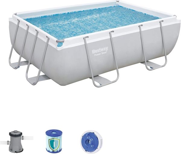 Bestway - Power Steel Frame Pool Set, 282 x 196 x 84 cm, mit Filterpumpe, eckig, grau