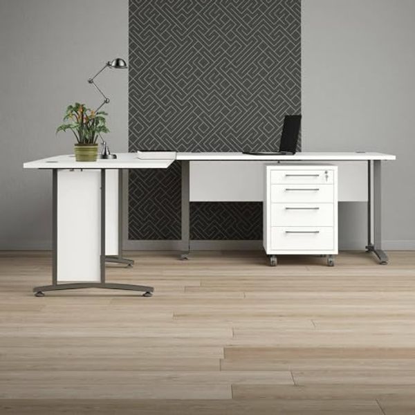 Dmora - Schreibtisch Mirella, Mehrzweckschreibtisch, Bürotisch für PC, Eckschreibtisch, 230x200 h75 cm, Weiß und Grau