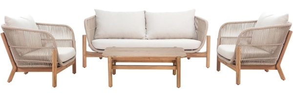 riess-ambiente Loungeset ROPE natur beige – Sofa, 2 Sessel & Tisch aus Akazie & Aluminium, (Set, 4-tlg), inkl. Kissen, wetterfest, pflegeleicht, Gartenmöbel, Boho-Stil, Balkon