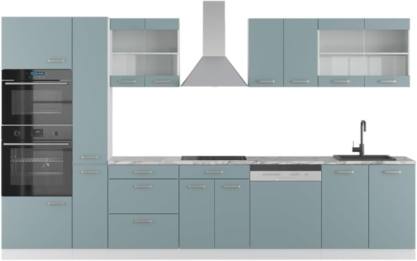 Küchenzeile R-Line Blau-Grau/Weiß 350 cm mit Hochschrank, ohne Arbeitsplatte Vicco