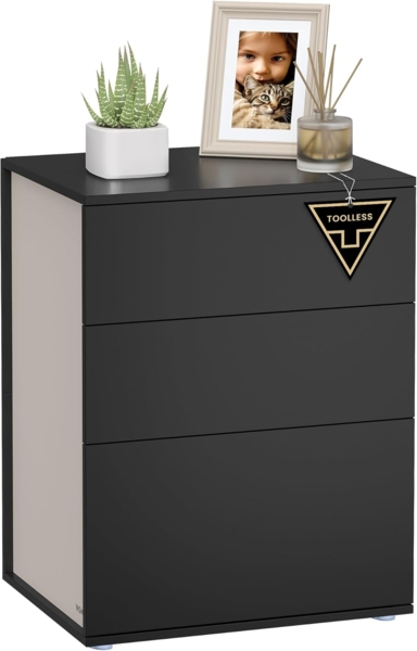 VASAGLE Nachttisch, 2er Set, Beistelltisch 3 Schubladen, Superschnelle werkzeuglose Montage, Nachtschrank, Schlafzimmer, Wohnzimmer, Toolless-Technologie, tintenschwarz-cappuccinobeige LET779B01