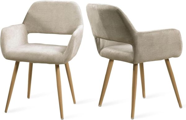 MEUBLE COSY Esszimmerstuhl 2er Stück Küchenstuhl Polsterstuhl Wohnzimmerstuhl Sessel mit Armlehne, Sitzfläche aus Stoff, Metallbeine, Beige