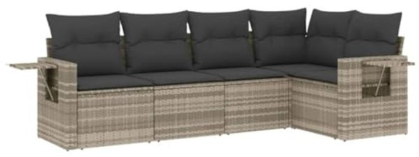 vidaXL 5-tlg. Garten-Sofagarnitur mit Kissen Hellgrau Poly Rattan 3252469