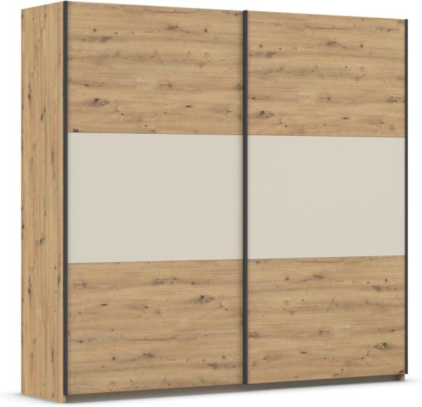 Rauch Möbel Neo, Schwebetürenschrank, Kleiderschrank, Kleiderschränke, Garderobe, Schrank mit Stauraum, 2-türig, Farbe Eiche Artisan/Champagner, 218 x 210 x 59 cm