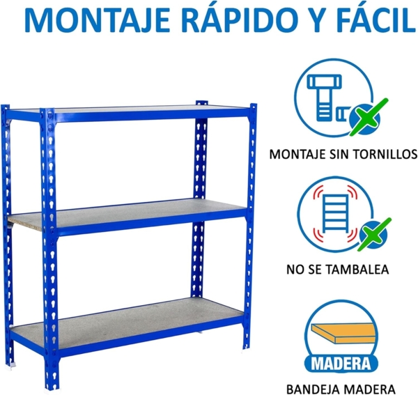 Simon Rack Metallregale, 1000 x 800 x 400 mm, 3 Holzböden, 150 kg Biegepunkt, Lagerregale, Blau/Holz - Holz Bild 5