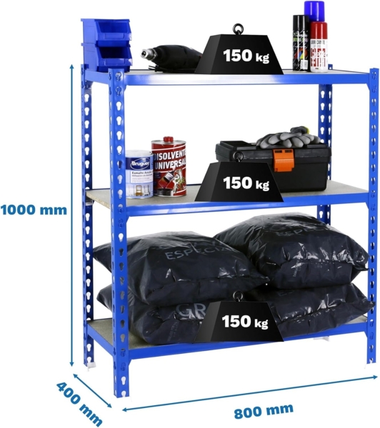 Simon Rack Metallregale, 1000 x 800 x 400 mm, 3 Holzböden, 150 kg Biegepunkt, Lagerregale, Blau/Holz - Holz Bild 2