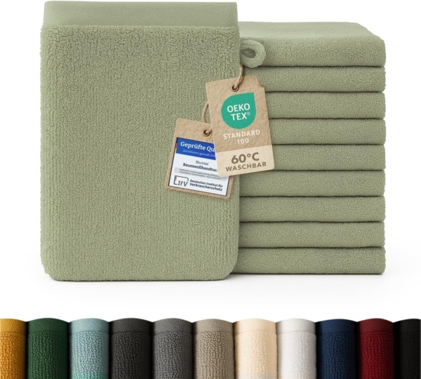 Blumtal Waschhandschuh 10er Set aus Frottee 15x20 cm - weich und saugstark, (Set), mit modischer Bordüre und praktischer Aufhängeschlaufe, 100% Baumwolle