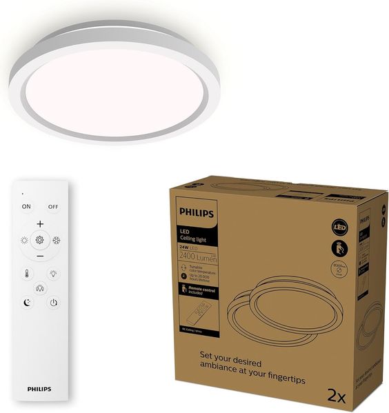 Philips LED-Deckenleuchte mit Fernbedienung, rund, 30 cm, dimmbar, Tunable White, Wohnzimmer, Schlafzimmer, kein Flimmern oder Blenden, modernes Design, weiß, 2er Pack