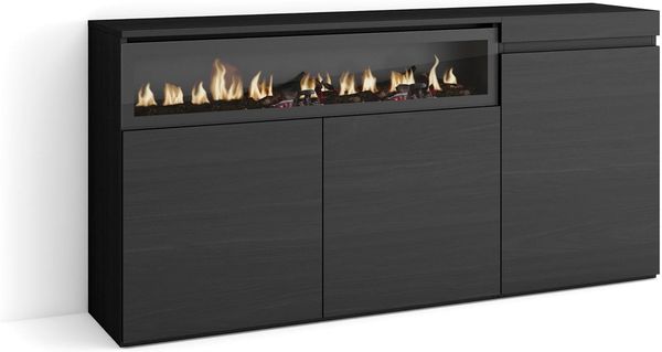 Skraut Home | Sideboard, Highboard | Kommode, Komodenschrank | 150 x 75 x 35 cm | 3 Türen | Elektrokamin. Maße | Moderner Stil | Schwarz