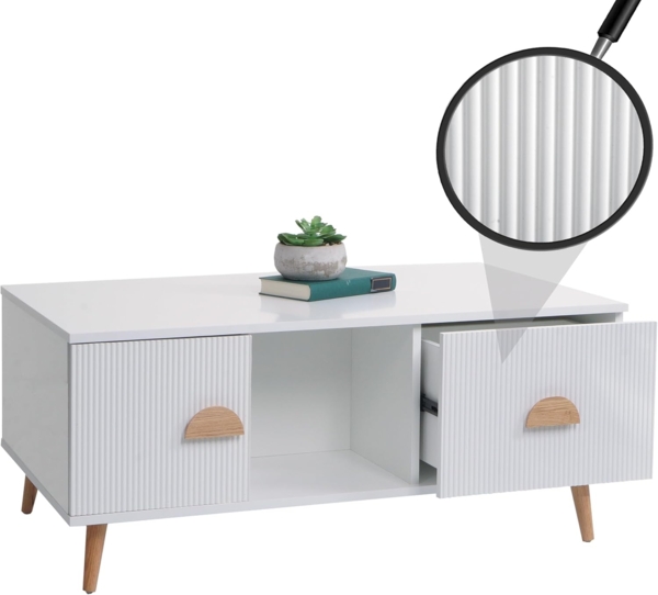 Couchtisch HWC-N89, Beistelltisch Sofatisch, Schubladen Türen Fächer 3D-Design Melamin Holz, 43x100x60cm ~ weiß